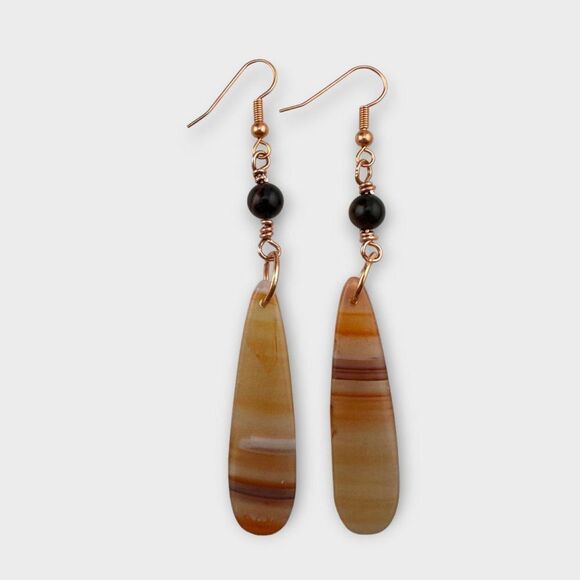 Natural Orange Sardonyx Mahogany Tiger's Eye Gemstone Earrings Copper Hooks - Picture 1 of 10